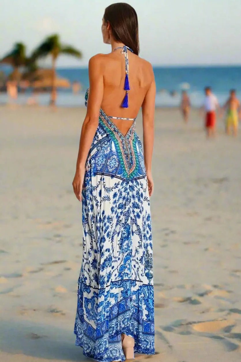 grecian blue dress Hilo Halter Atlas Pleated Floral Print 1.5