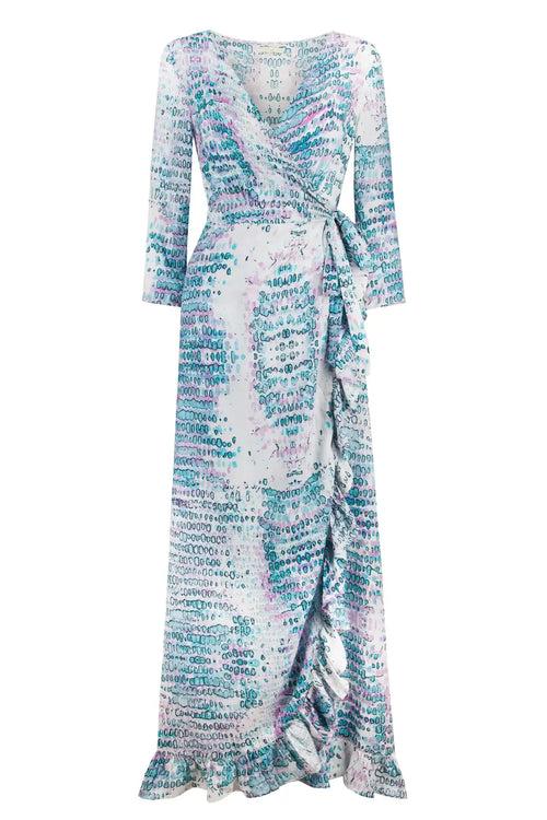 Maxi Ruffle Wrap Dress Aqua Pink Snake