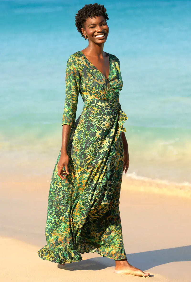 Maxi Ruffle Wrap Dress Emerald Leopard