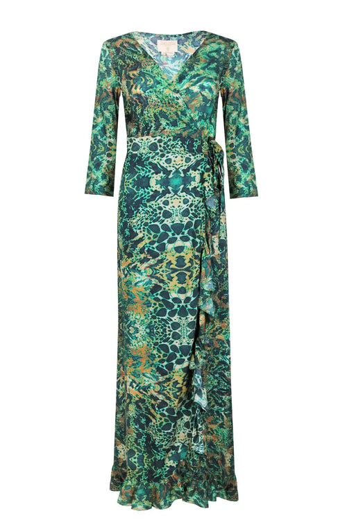 Maxi Ruffle Wrap Dress Emerald Leopard