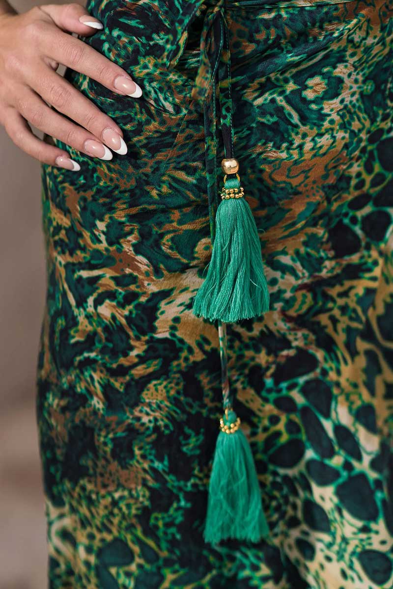 Silk Cocktail Dress Emerald Leopard