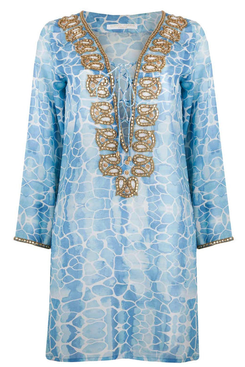 Taj Silk Kaftan Blue Pebbles