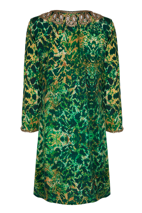 Taj Silk Kaftan Emerald Leopard